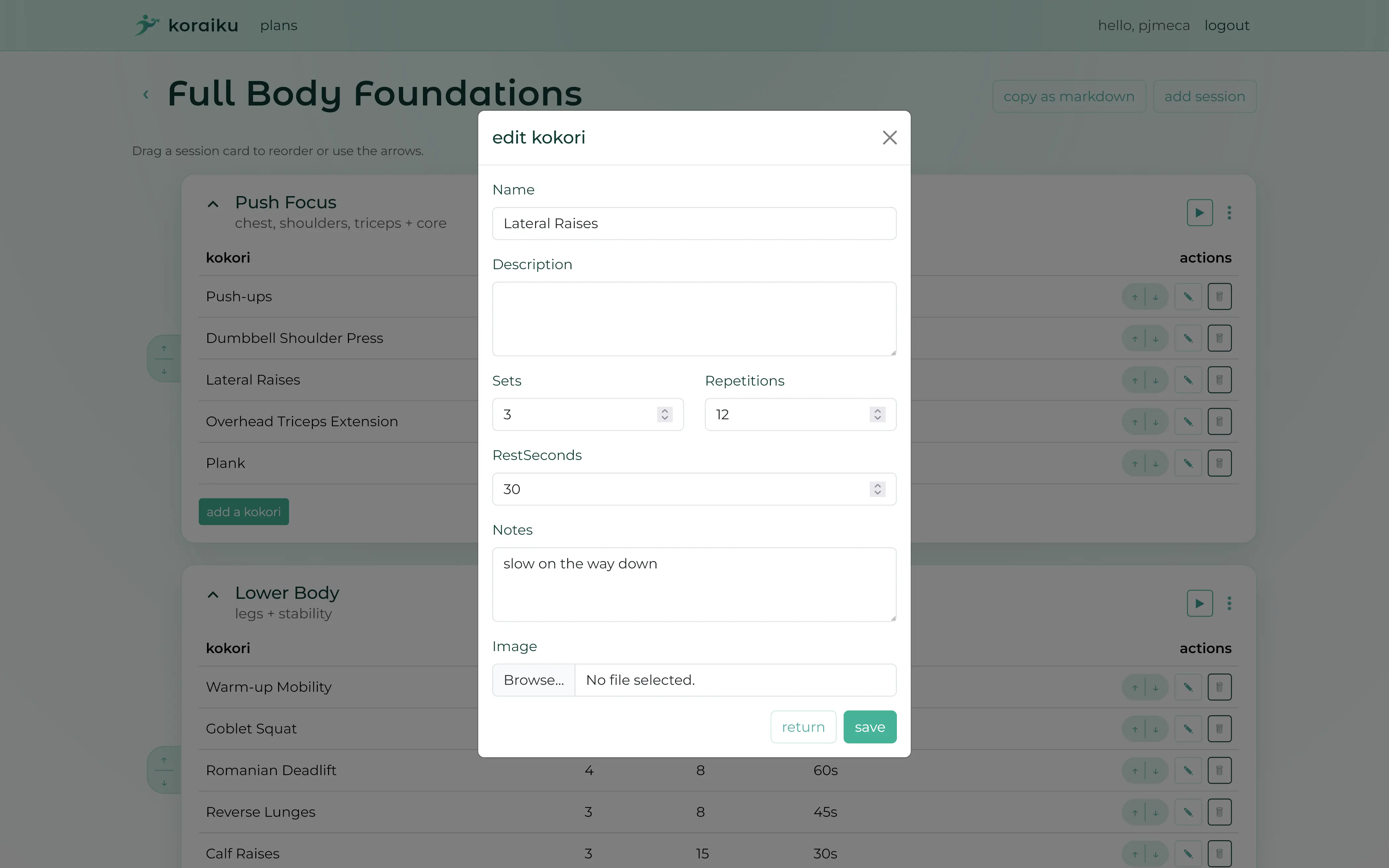 koraiku kokori edit modal with form fields and image upload.