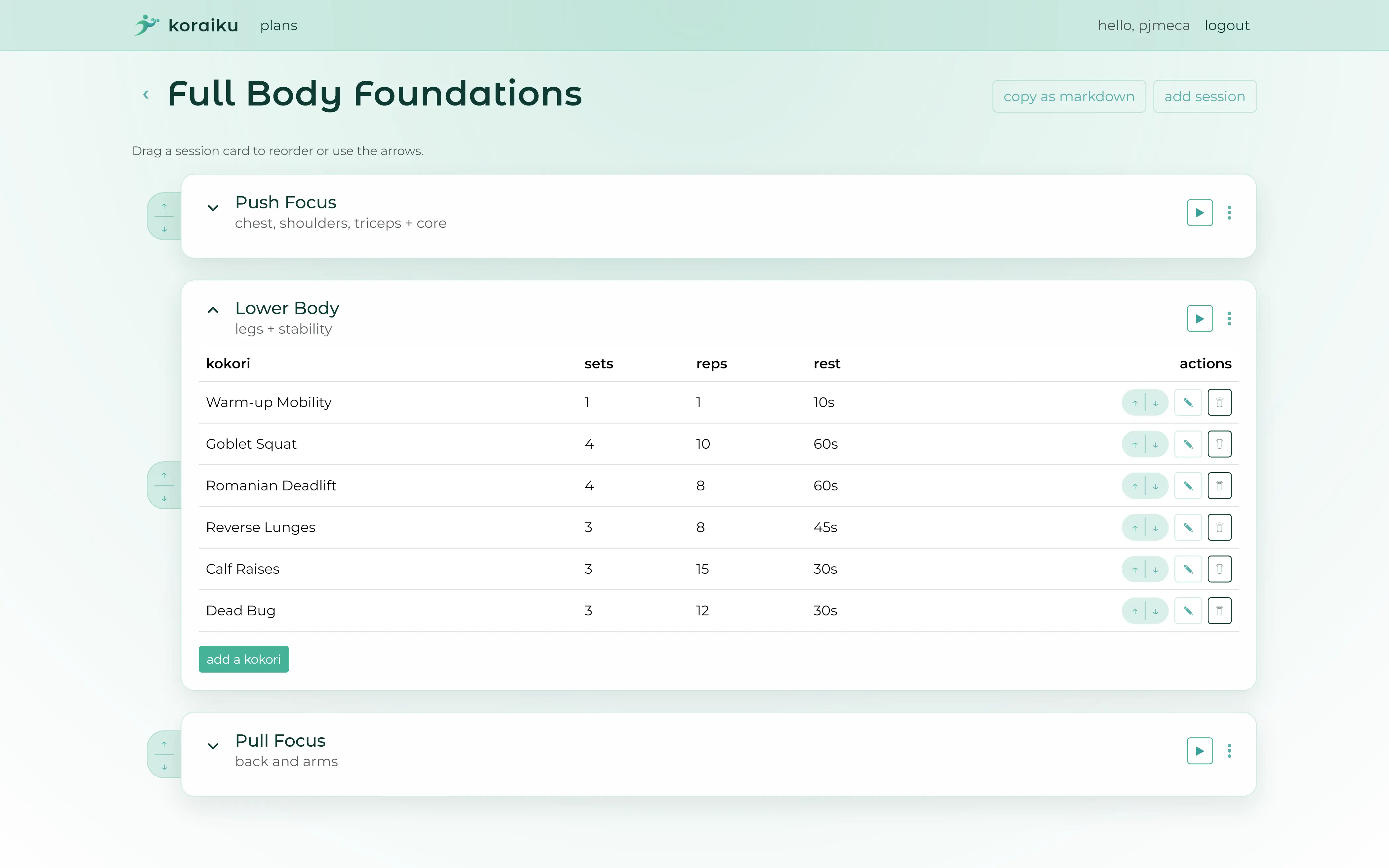 koraiku plan details screen with sessions and kokoris.