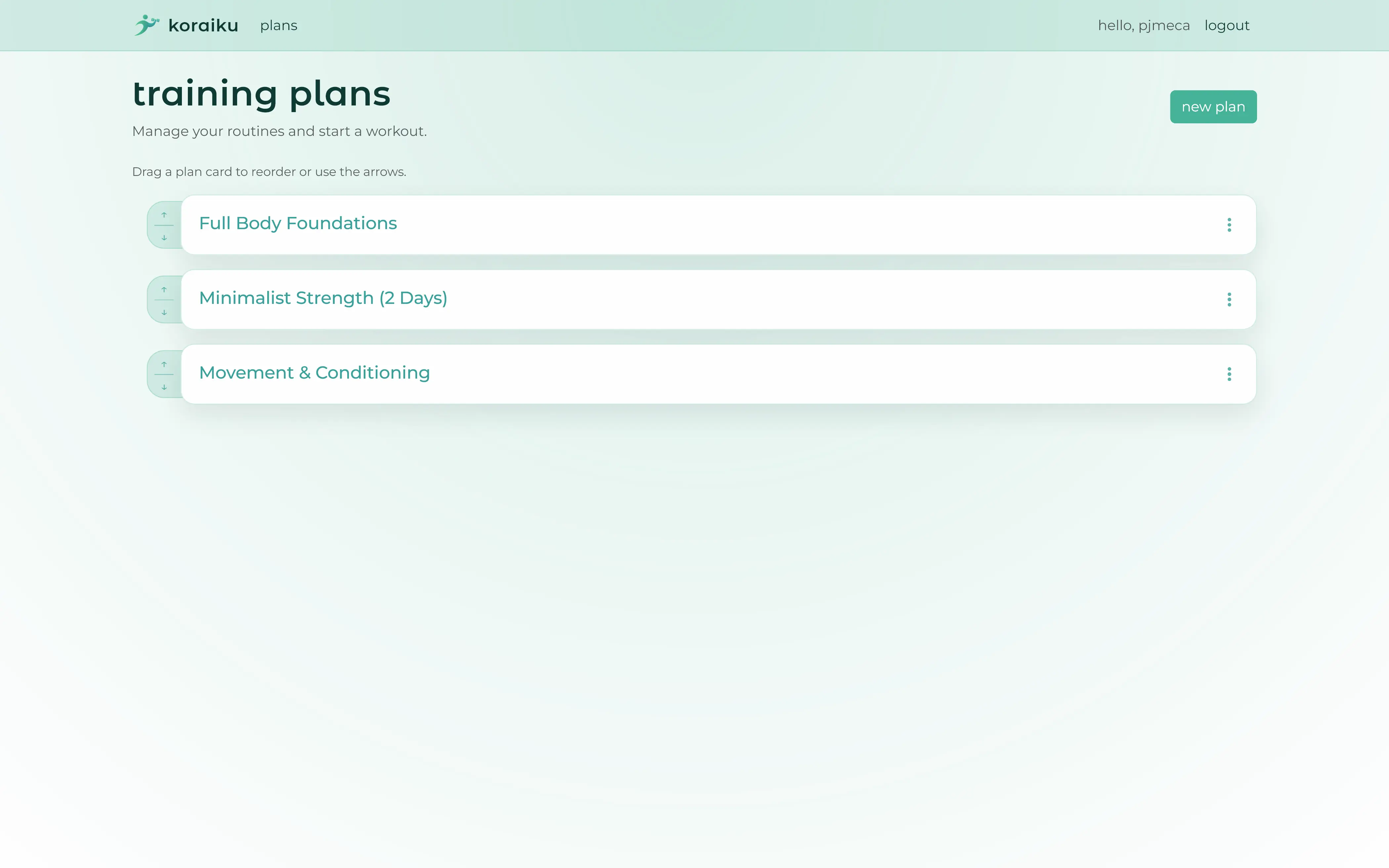 koraiku plans list showing custom training plans and reorder controls.