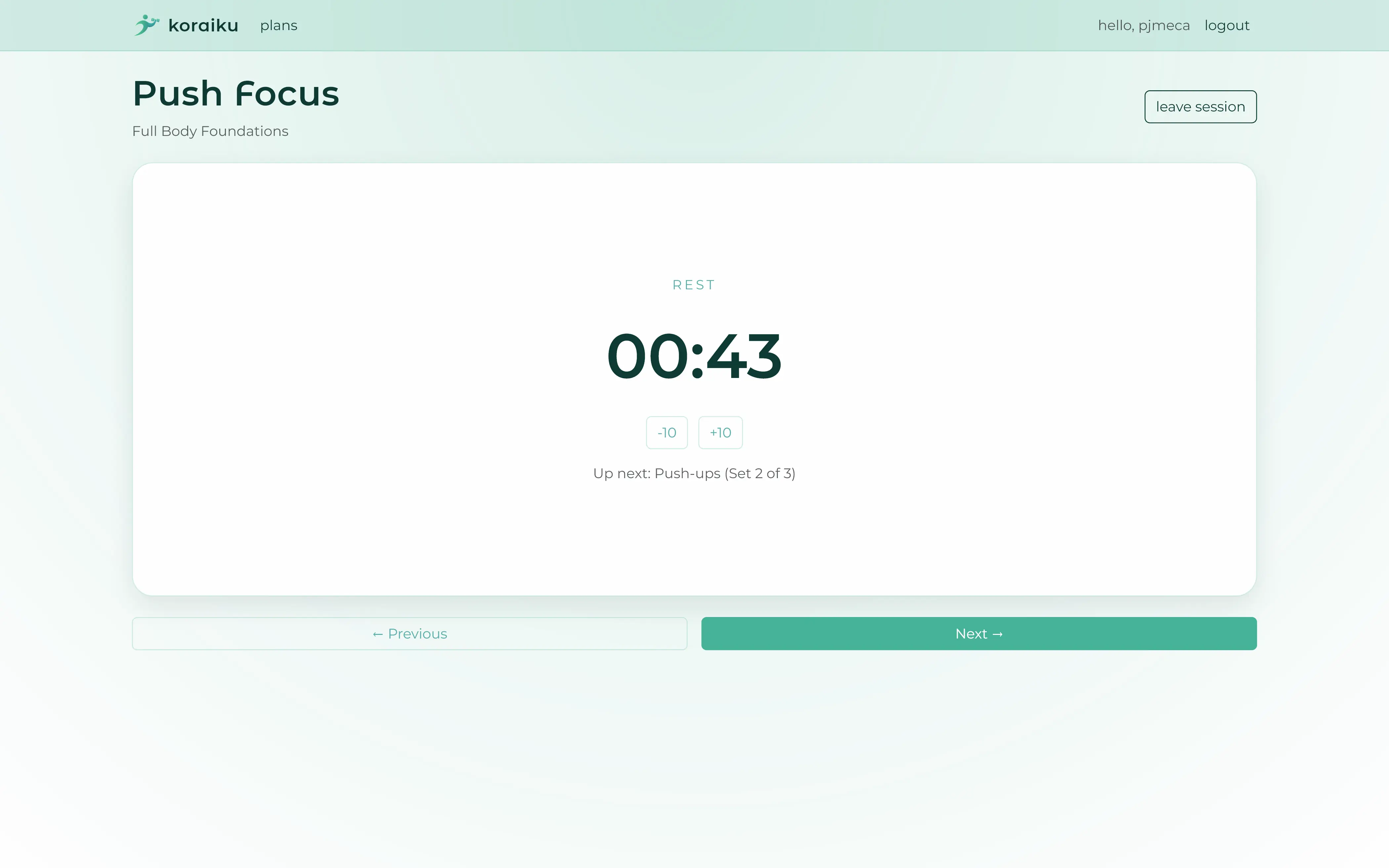 koraiku play mode rest screen with countdown timer.