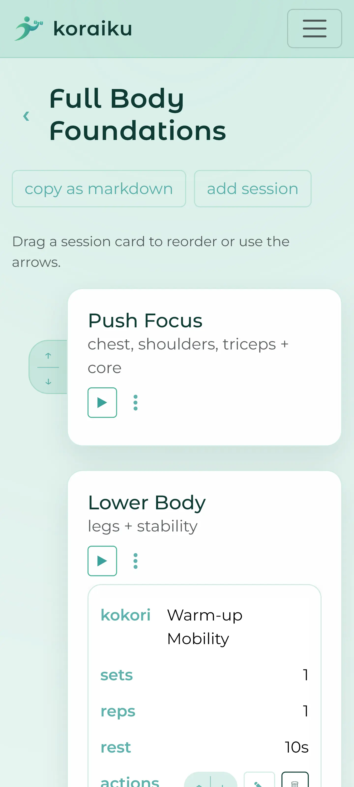 koraiku mobile plan details screen with sessions and kokoris.