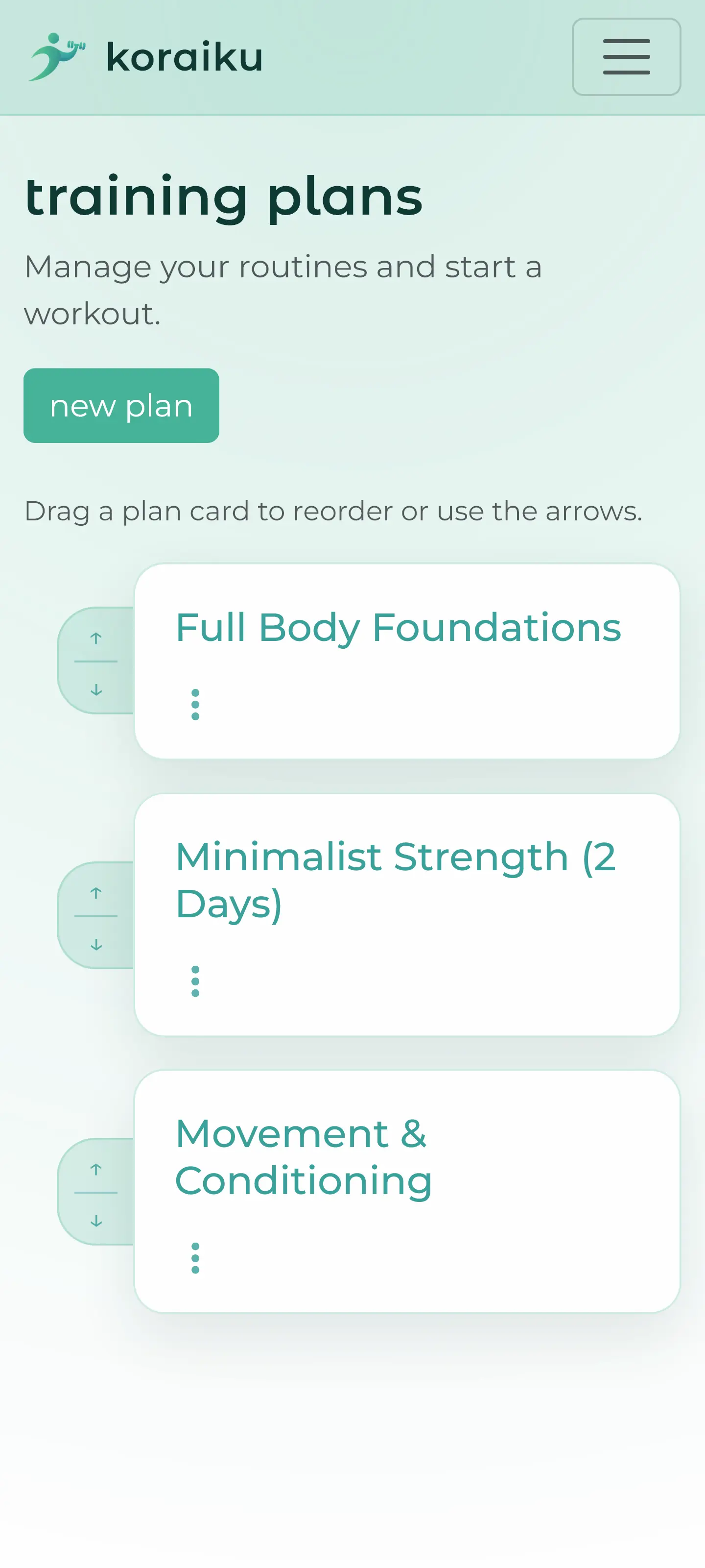 koraiku mobile plans list showing custom training plans and reorder controls.
