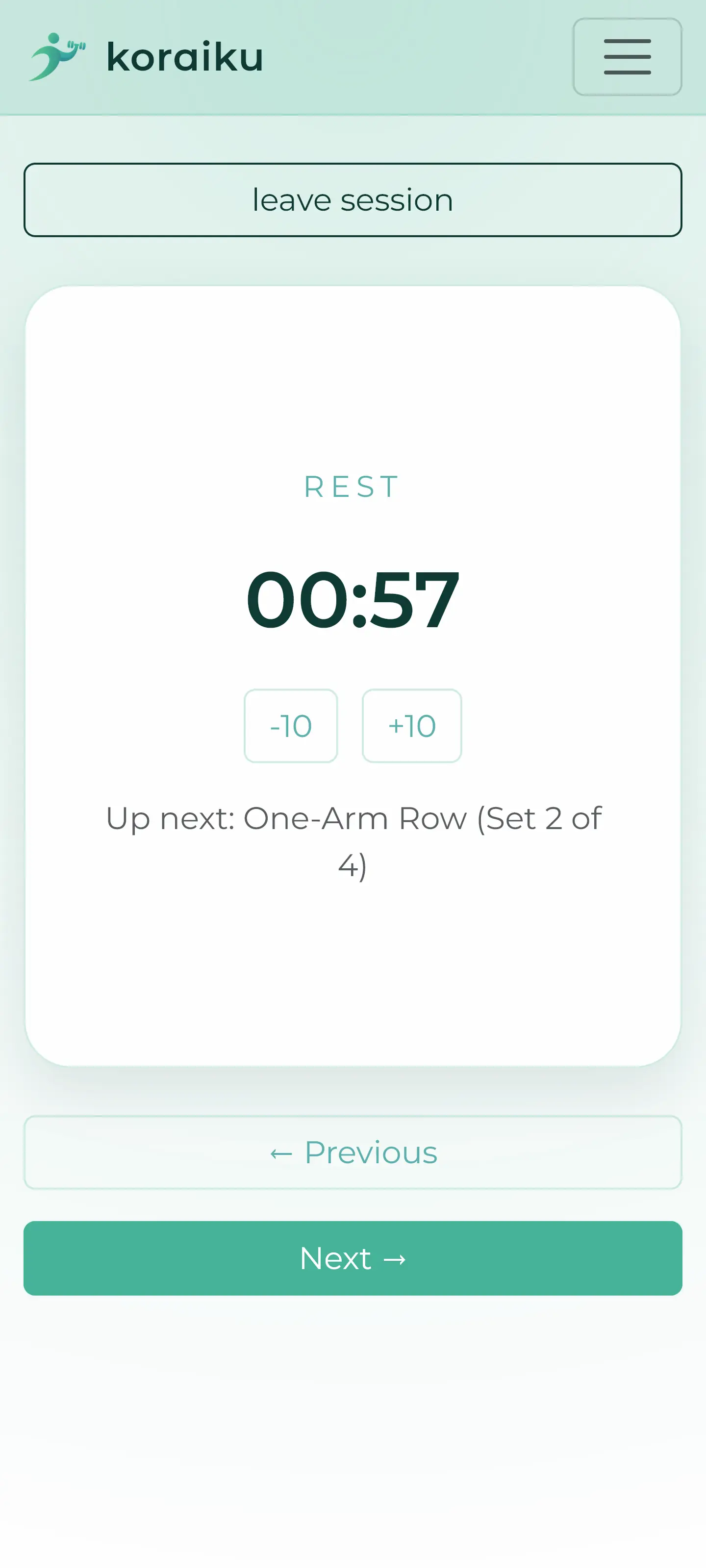 koraiku mobile play mode rest screen with countdown timer.